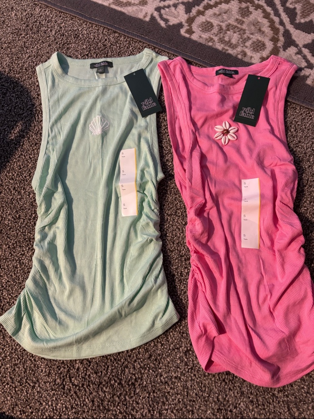 NEW wild fable Pink & Mint Ribbed Tank Tops with Shell Appliqués SET OF 2